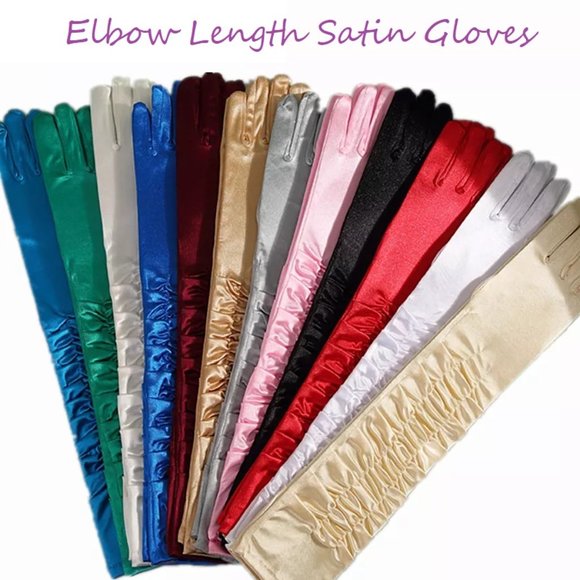 Elbow Length Long Satin Gloves Shirred Elbow Gloves - Picture 2 of 9
